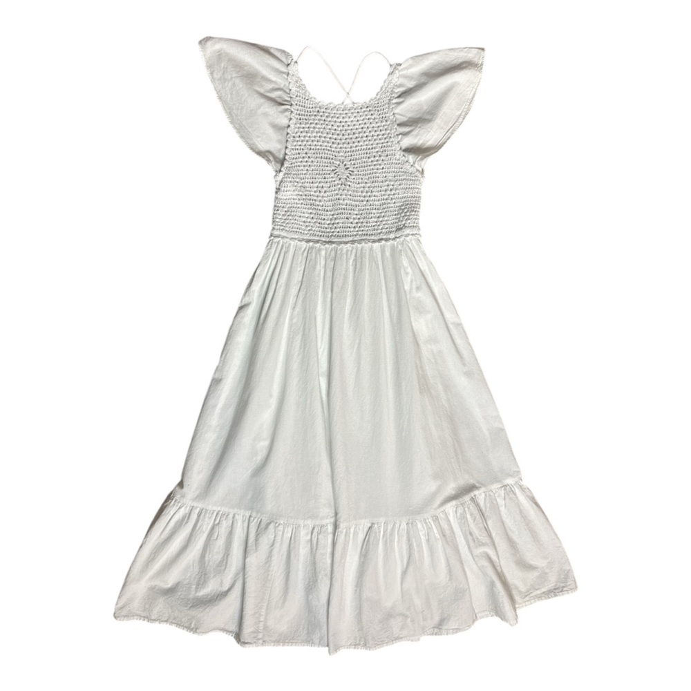 ZARA WHITE COTTON FLUTTER SLEEVE CROCHET BODICE CROSS BACK SUMMER MIDI DRESS - Picture 11 of 13